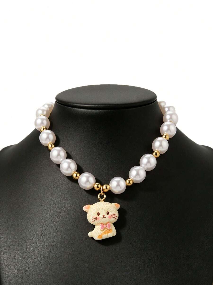 1 Adorable Faux Pearl Kitten Pendant Collar-Pet Necklace, Perfect For Everyday Wear For Kittens Cat Accessories - Multicolor - View 1