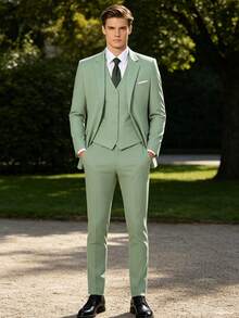Men's Gentleman Minimalist Slim Fit Single-Breasted Business 3 PiecesSuit Set, Including Blazer, Vest And Trousers, Wedding Party Ball Old Money Style - Olive Green - View 11