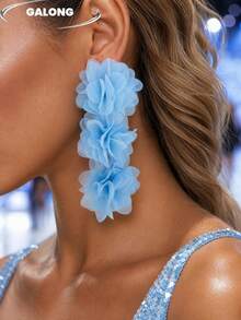 Bohemian Orange Mesh Flower Long Earrings, Vacation Style Lightweight Chiffon Dangle Earrings, Personalized Vintage Ear Jewelry - Baby Blue - View 2