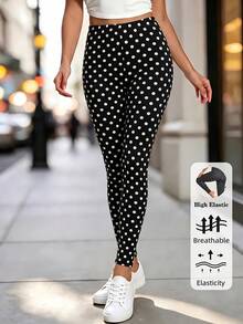1 paquete de Leggings de Alta Elasticidad con Lunares y Rayas Negras para Mujer, Pantalones de Capa Base de unicolor, Cómodos para Deportes, Entrenamiento, Yoga, Hogar, Caminar, Uso Diario, Largo 9/10 - Multicolor - Ver 6