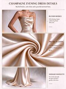Elegant Women's Champagne Strapless Neckline Ribbon Mermaid Long Party Dress, Draped Design, Suitable For Formal Events, Prom, Party, Holiday Or Special Occasions - Champagne - View 10