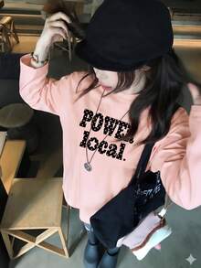 Niche Design Polka Dot & Letter & Star Print Light Pink Short Long Sleeve T-Shirt, High Waist Slimming Autumn Base Layer - Pink - View 8