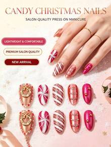 10pcs Sweet Daily Wear Almond Shaped Fake Nails, Christmas Winter Candy Cane & Wreath Pattern, Glitter Stripe Pearl Rhinestone Embellished Reusable Nail Tips, Suitable For Holiday Parties, Dates, Casual Occasions, Nail Art Decoration - Multicolor - View 2