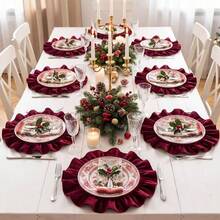 1pc/1set, Green, Red, High-Quality Velvet Christmas Placemat, Unique Pleated Lace Design, 40cm Diameter Round Table Decor Mat, Christmas Home Decoration, Suitable For Parties, Gatherings, Family Dinners - Multicolor - View 2