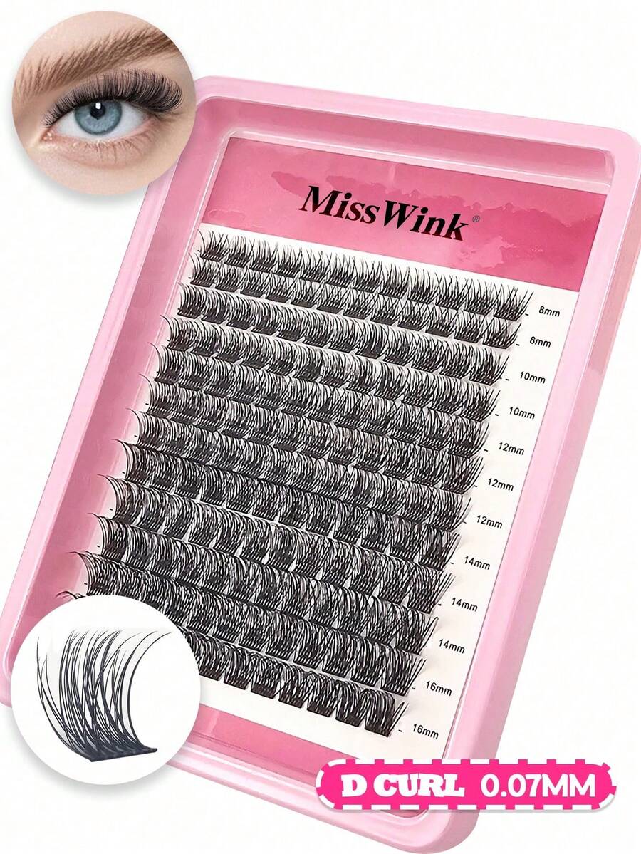 Miss Wink 144pcs Mixed Length Eyelash Extension Kit, 8-16mm Length, 0.07mm D Curl, Thick & Curly Lashes For Daily Makeup Or Occasions