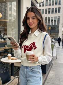 Women's Cartoon Red Horse Animal Pattern Contrast Color Dogtooth Trim Round Neck Casual Knit Vest Sweater - Apricot - View 4