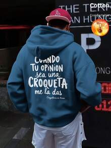 Men's Fleece Hoodie With Spanish Print On Back, Y2K Style, Autumn/Winter - Cow Blue - View 3