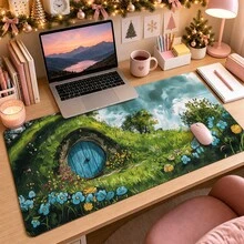1pc Hobbit House Fantasy Landscape Desk Mat, Green Meadow Hobbit Hole Print Large Gaming Mouse Pad, Non Slip Desktop Protector For Office Game Room - View 1
