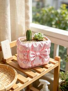 Satin Bow Square Flower Pot, Faux Fabric Pleated Texture, Creative Ins Style Succulent Small Planter, Desktop Greenery Potted Plant Container, Highly Attractive Office Window Sill Decorative Ornament - Multicolor - View 8