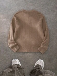 男士秋冬舒適極簡鈕扣裝飾長袖圓領針織衫，休閒百搭商務通勤 - 咖啡棕 - 查看 3