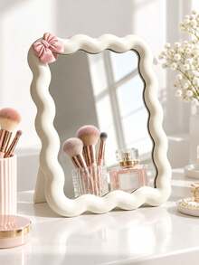 Wavy Style Makeup Mirror High-Definition Vanity Mirror With Bow Decor Desktop Standing And Wall-Mountable For Room Decoration Back-To-School Dorm Supplies - Multicolor - View 5