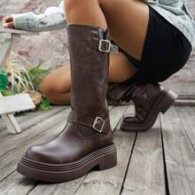 Vintage Double Buckle Thick Sole High Shaft Riding Boots, Round Toe Western Style Straight Knee-High Boots - Brown - View 2