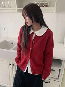 Women's Autumn/Winter Solid Color Drop Shoulder Long Sleeve Single-Breasted Casual Loose Cardigan - Red - View 1