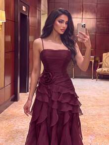Faeriesty Elegant Red Mermaid Skirt, Sleeveless Strapless Design, Embellished With Pearl Decor, Suitable For Formal Occasions - Burgundy - View 7