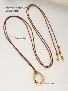1pc Bohemian Style Brown Rope Exaggerated Asymmetrical Geometric Gold Hollow Large Metal Pendant Adjustable Necklace Lightweight Niche Long Necklace For Women - Gold - View 7
