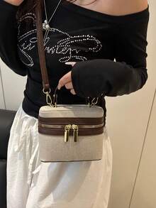 New 2026 Colorblock Fashion Large Capacity Box-Shaped Shoulder Crossbody Handbag - Coffee - View 4
