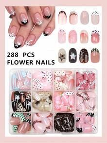 288pcs/12sets Oval False Nails Polka Dot French Manicure Star Plaid Bow Mixed Design Cute Autumn Wearable Nails Suitable For Daily Wear, Party And Wedding With Nail Tool Set Perfect Manicure Gift For Girls - Multicolor - View 2