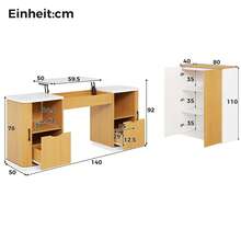 Modern Office Furniture Set And Desk With Filing Cabinet – 140cm Computer Desk With Fold-Down Compartment, Lower Cabinets And Fluted Design, Wood And White Look, Ample Workspace For Home And Office - White + Oak - View 11