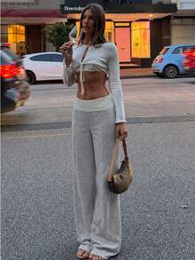 Women's Casual Loose Straight Leg Patchwork Sweatpants With Contrast Hem - Light Grey - View 1