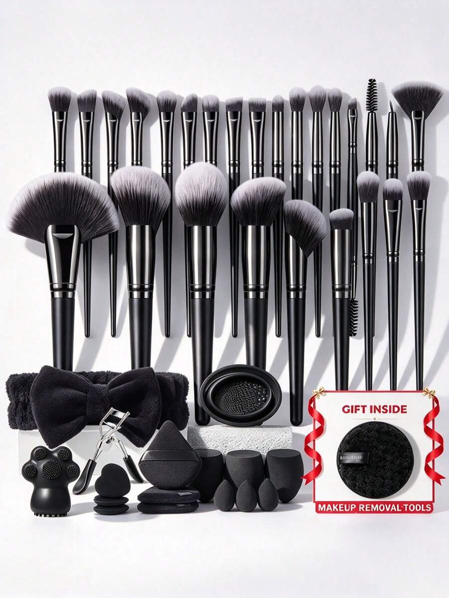 42pcs & 1pc Free Gift Black Makeup Brush Set Soft Synthetic Cosmetic Brushes For Foundation Blush Contour Eyeshadow Concealer, Complete Beauty Kit With Makeup Sponges, Hair Band, Brush Cleaning Tool, Bonus Makeup Removal Pad Gift For Daily Makeup - Black - View 1