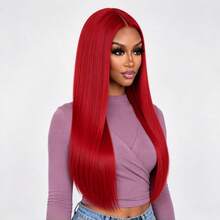 Fashionable Elegant 28 Inch Red Middle Part Wig, Comfortable And Breathable Long Straight Wig Suitable For All Women's Party And Ball Dress-Up - Red - View 2