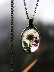 Natural Floral Series Charming Necklace, Handmade Epoxy Resin Pressed Flower Chain Necklace, Unique Real Flower Jewelry - Antique Silver - View 1