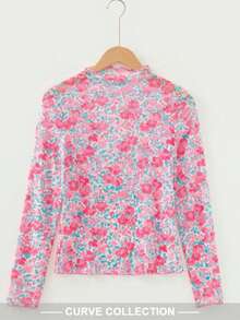 Plus Size Spring/Autumn Western Print Sheer Mesh Long Sleeve Mock Neck Slim Fit Casual Top, Layering Blouse, Suitable For Daily Wear - Multicolor - View 7
