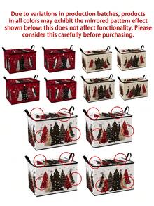 Zippered Storage Box With Christmas Tree Pattern Design, Hand-Painted Pine Trees, Snowflakes, Stars And Vintage Winter Holiday Motifs, Red Black Silver Color Scheme, Foldable Storage Basket/Bucket With Handle, Suitable For Home Organization - Multicolor - View 11