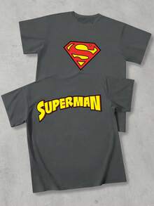 Strevion SUPERMAN 男士極簡風超人鑽石圖案與文字印花圓領短袖夏季T恤 - 深灰色 - 查看 1