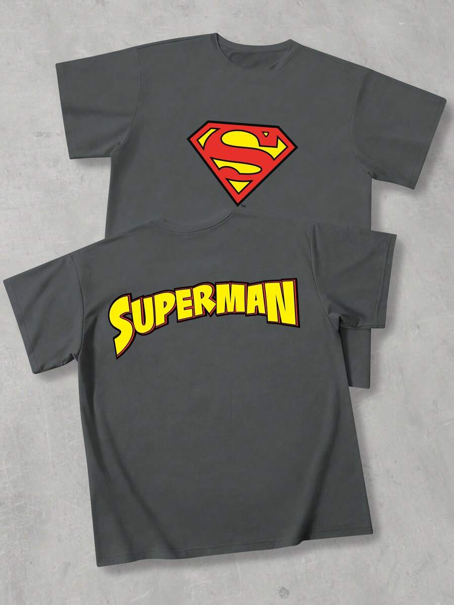 Strevion SUPERMAN 男士極簡風超人鑽石圖案與文字印花圓領短袖夏季T恤 - 深灰色 - 查看 1