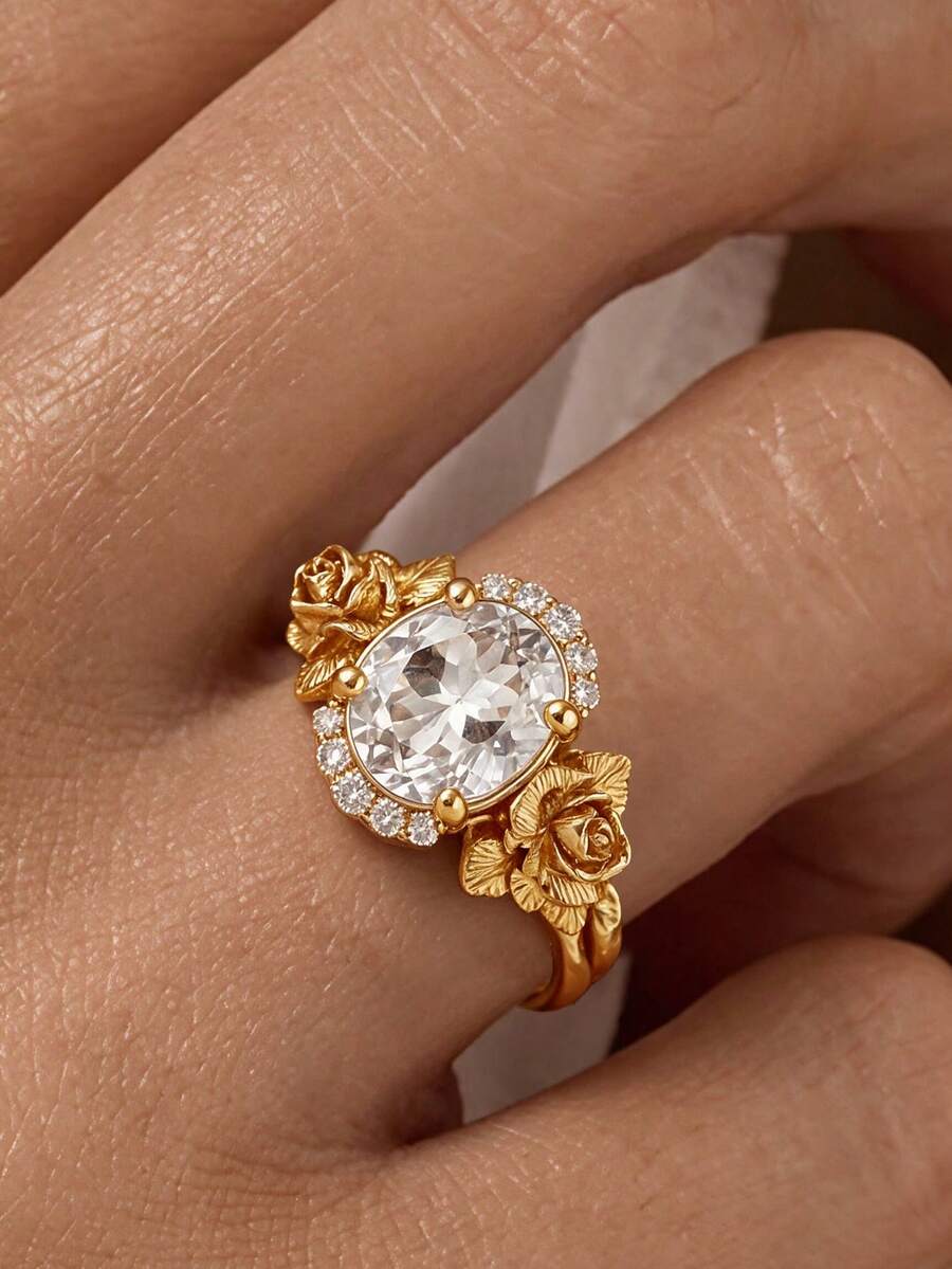 1 buah Cincin Batu Permata Putih Mewah Berlapis Emas 18K, Cincin Batu Tengah Oval Berukir Mawar, Hadiah Pesta Liburan yang Istimewa untuk Wanita - Yellow Gold - View 1