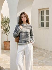 Autumn/Winter New Women's Contrast Color Striped Mixed Knit Sweater, Relaxed Daily Inner/Outer Layering Piece, Horizontal Stripes With Rich Layered Texture, Vintage Collegiate Style - Grey - View 1