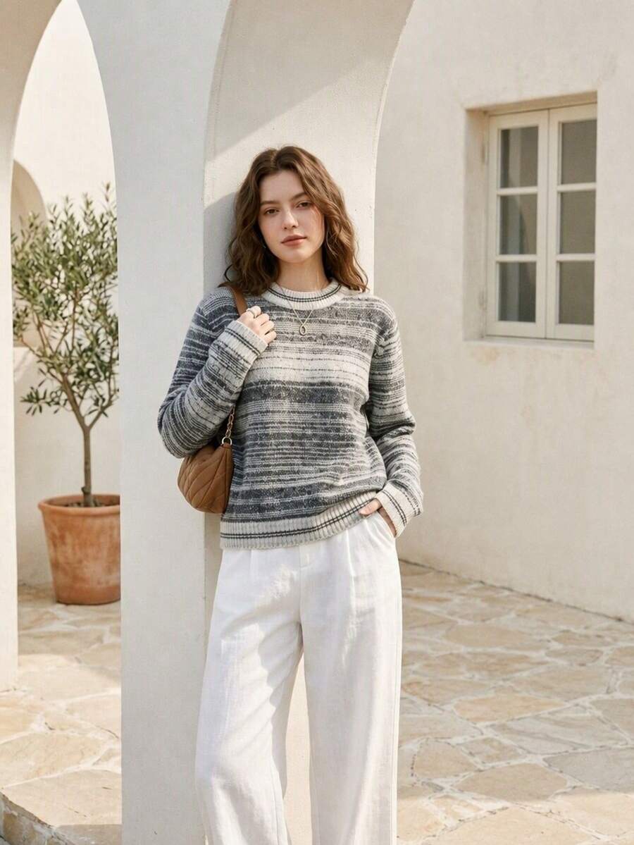 Autumn/Winter New Women's Contrast Color Striped Mixed Knit Sweater, Relaxed Daily Inner/Outer Layering Piece, Horizontal Stripes With Rich Layered Texture, Vintage Collegiate Style - Grey - View 1