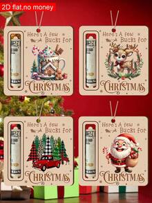 4Pcs Rustic Christmas Printed Wooden Money Holder Ornaments Square Wood Cash Gift Card Hanging Tags With Jute String For Xmas Tree Holiday Gift Decorations - Multicolor - View 1