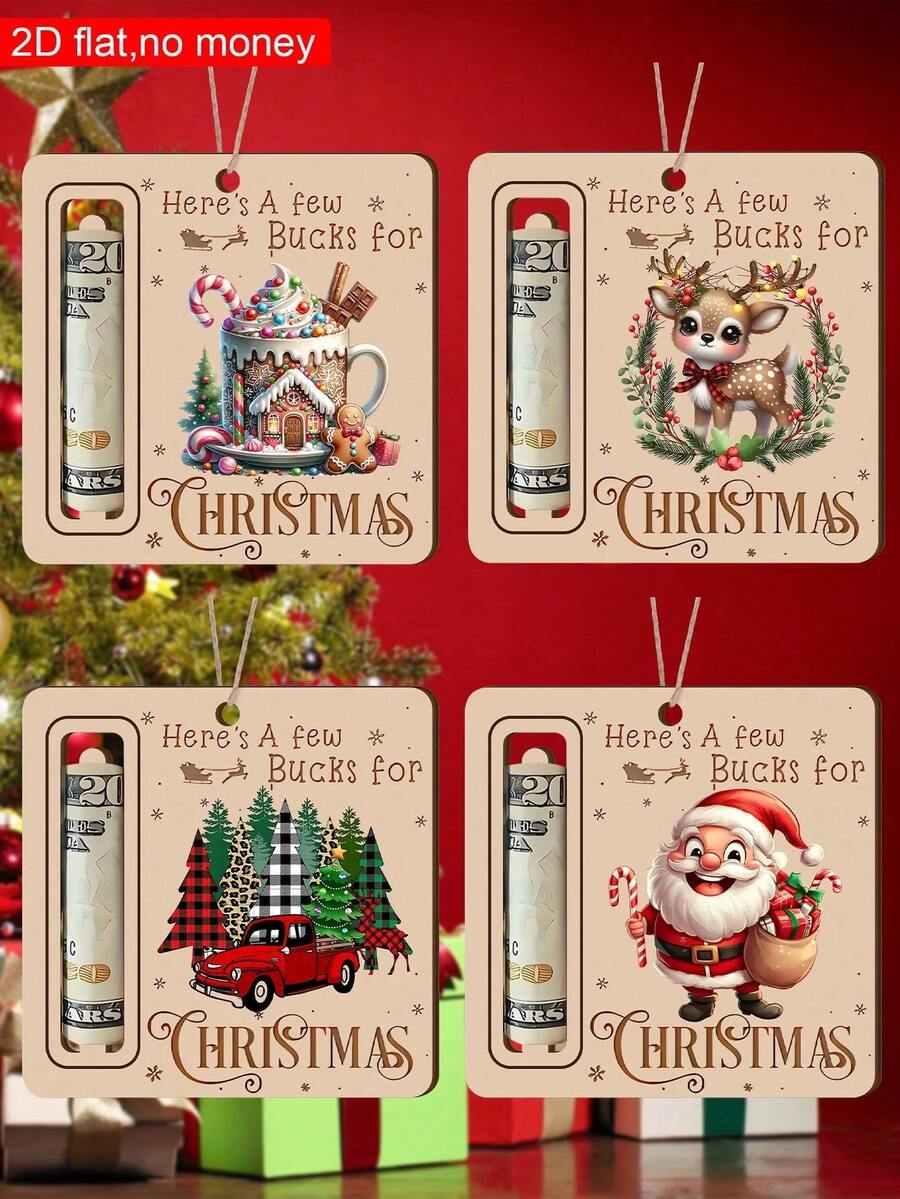 4Pcs Rustic Christmas Printed Wooden Money Holder Ornaments Square Wood Cash Gift Card Hanging Tags With Jute String For Xmas Tree Holiday Gift Decorations - Multicolor - View 1