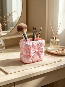 Girl Style Bow Knot Pleated Makeup Storage Bucket, Faux Satin Fabric Texture, Square Large Capacity, Can Store Makeup Tools, Also Serve As Desktop Pen Holder, Dual-Use Storage Container For Vanity And Desk - Multicolor - View 3