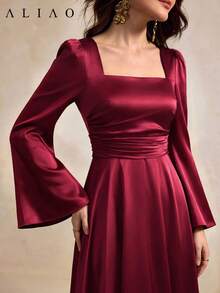 ALIAO Vestido Maxi de Satén Sólido con Cuello en U, Espalda Descubierta, Mangas Acampanadas y Corte A para Otoño e Invierno, Elegante para Boda, Vacaciones, Citas y Fiestas - Burdeos - Ver 6
