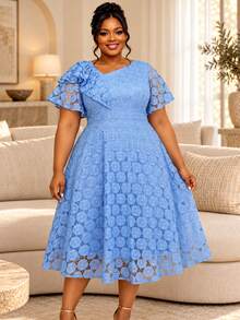 Elegant Plus Size Women Light Blue Floral Lace A Line Midi Dress Asymmetrical Neck Ruffle Short Sleeve Formal Church Wedding Guest Party Gown - Baby Blue - View 3