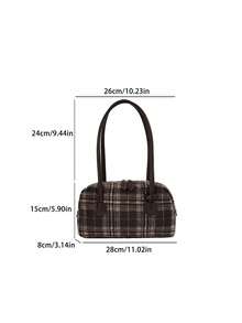 Women's Shoulder Bowling Bag, Fashionable Retro Plaid Design, Suitable For Shopping And Commuting, Brown Color, Autumn/Winter - Brown - View 10