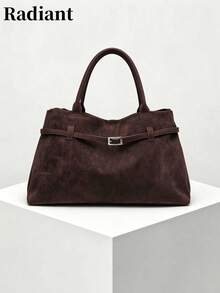 Women's Solid Color Suede Handbag With Buckle Strap, Large Capacity Casual Vintage Shoulder Bag, Suitable For Daily Work And Office - Coffee - View 6