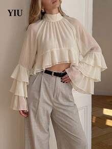 YIU LUMOS Women's Beige Mock Neck Crop Top, Gathered Neckline Double Ruffle Sleeve Ruffle Hem, Romantic Coquette Blouse For Fall Winter - Beige - View 10