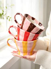 1pc Hand Painted Striped Ceramic Mug, Wavy Rim Large Capacity Coffee Cup, Cute Colorful Breakfast Mug For Milk Oatmeal, Home Kitchen Drinkware - Multicolor - View 2