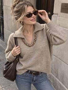 JIANHU Autumn/Winter Casual Sweater, Decorated With Crochet Lace Trim And Ribbed Cuffs - Khaki - View 1