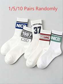 1/5/10 Pairs Unisex Letter & Number Pattern Mid-Calf Socks, Fashion Sports Socks, Breathable & Comfortable, Moisture-Wicking, Suitable For Daily Wear, Sports, All Seasons - Multicolor - View 9