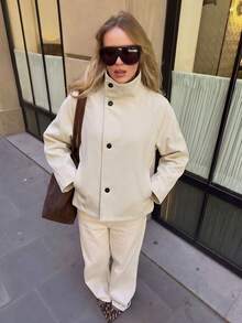 Contrast Color Lapel Double-Breasted Women's Loose Long Sleeve Solid Color Street Style Coat - Apricot - View 7