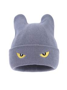 1pc Men's Fashion Versatile Solid Color Eye Embroidery Ear Knit Hat Beanie, Suitable For Autumn/Winter Warmth, Daily Wear And Outfits - A - View 2