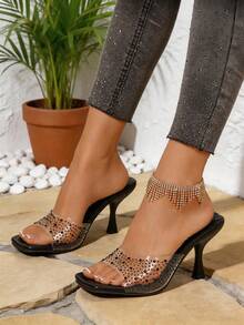 Transparent PVC Rhinestone Square Toe Thin High Heel Mule Slippers, High Heel Slip-On Sandals, Sexy Open Toe Women's High Heel Slippers, Suitable For Summer Wear - Black - View 7