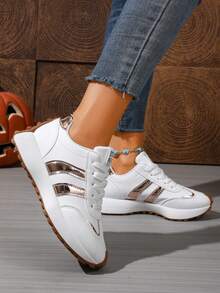 Women's Metallic Striped Lace Up Sneakers, Thick Sole Non Slip Casual Fashion Running Shoes - White - View 6