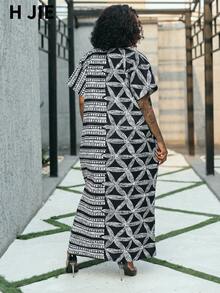 Plus Size African Print Kaftan Long Dress For Women Chic V-Neck Drop Shoulder Half Sleeve Flowy Maxi Dress For Resort - Black - View 2