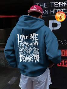 Men's Fleece Hoodie, Skull Print And "LOVE ME LIKE MY DEMONS DO" Text, Y2K Style, Autumn/Winter - Cow Blue - View 3